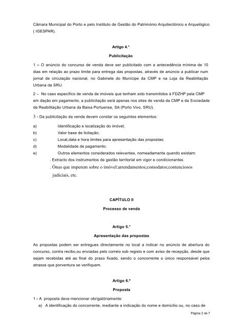 Regulamento para Venda - Anexo V - Porto Vivo
