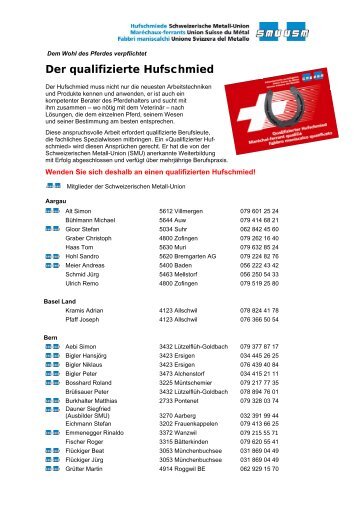 Liste der qualifizierten Hufschmiede - Schweizerische Metall-Union