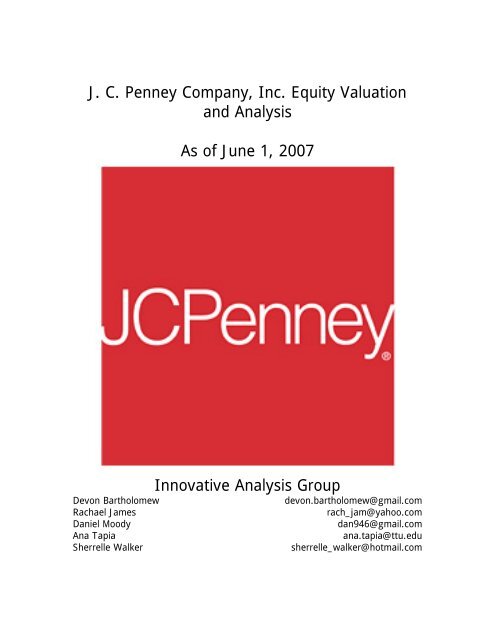 J. C. Penney Company, Inc. Equity Valuation and Analysis As of ...