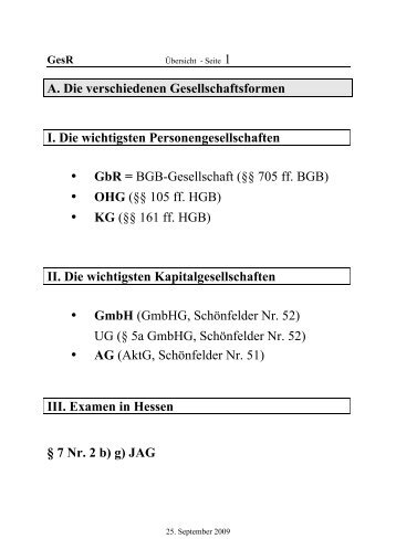 A. Die verschiedenen Gesellschaftsformen I. Die wichtigsten ...