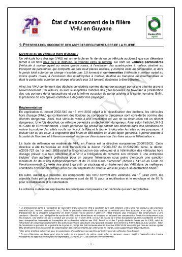 Ãtat d'avancement de la filiÃ¨re VHU en Guyane - ADEME Guyane