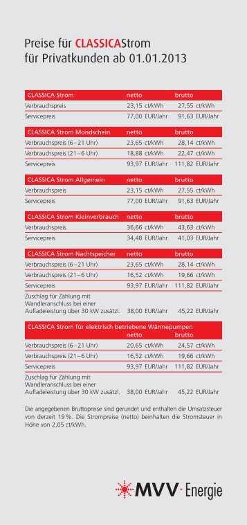 Preise für CLASSICA Strom ab 01.01.2013 - MVV Energie AG