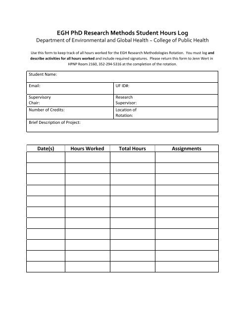 EGH PhD Research Methods Student Hours Log