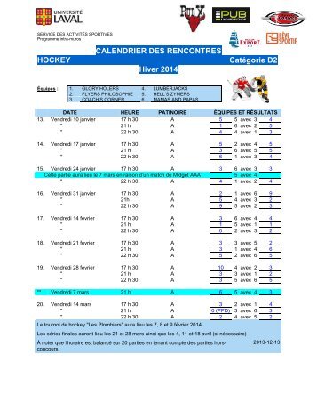 CALENDRIER DES RENCONTRES HOCKEY CatÃ©gorie D2 ... - Peps