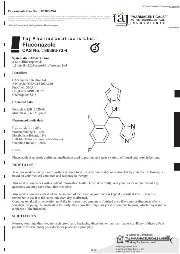 Fluconazole manufacturers in India, cas. No ... - [Taj Group] (API)