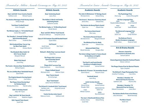 Complete List of Senior Honors from the Award - Pingry School