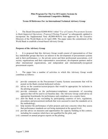 Terms Of Reference For An International Technical Advisory Group