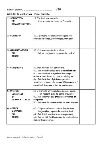 GRILLE D' Ã©valuation d'une nouvelle. - Enseignons.be