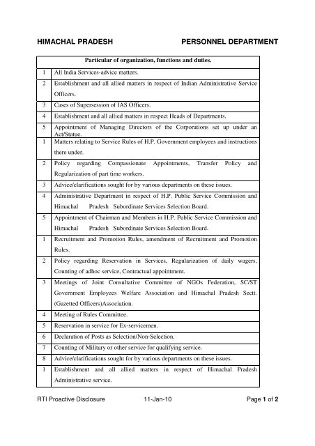 Organisation, functions and duties - Administration of H.P