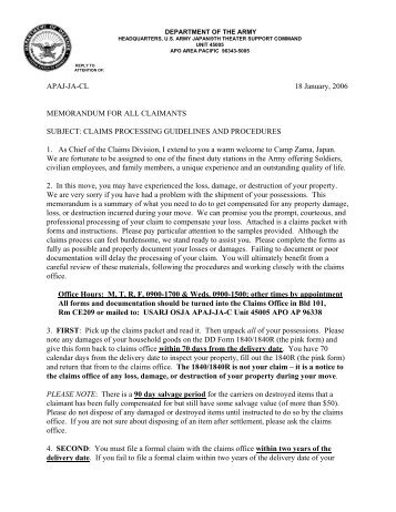 Memo for Claimants - Processing Guidelines and ... - U.S. Army