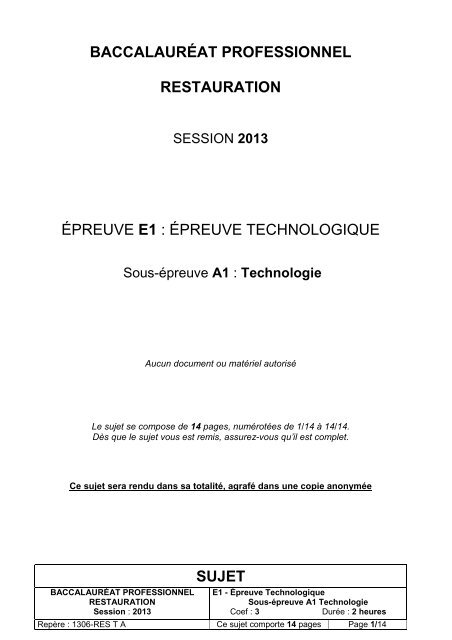 Sujet de technologie BAC PRO