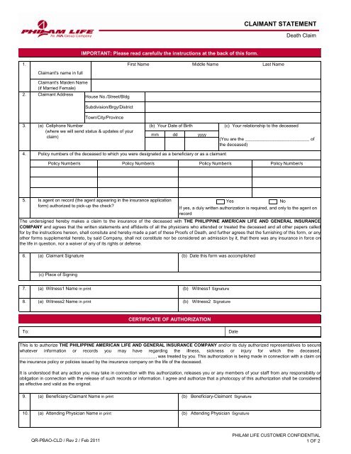 Claimant Statement For Death Claim Form Philam Life claimant-statement-for-death-claim-form-philam-life
