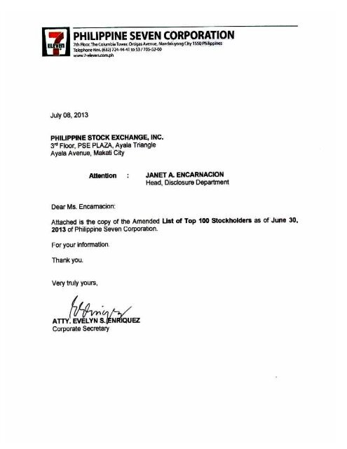 Amended PSC TOP 100 Stockholders 06.30.13 PSE - 7-Eleven