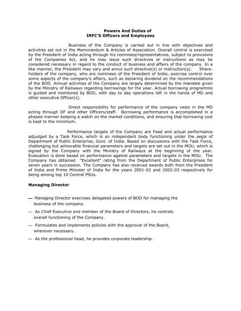 Powers And Duties Of Irfc S Officers And Employees Business Of