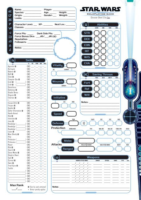 Star Wars Character Sheet 1.3 - JediSkill Online