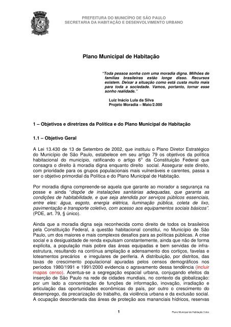 Plano Municipal de HabitaÃ§Ã£o - Rede Nossa SÃ£o Paulo
