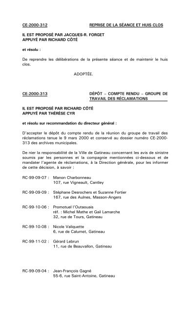 À une séance ordinaire du conseil de la ville de Gatineau, tenue à l ...