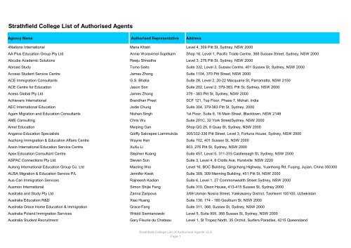 Strathfield College List of Authorised Agents
