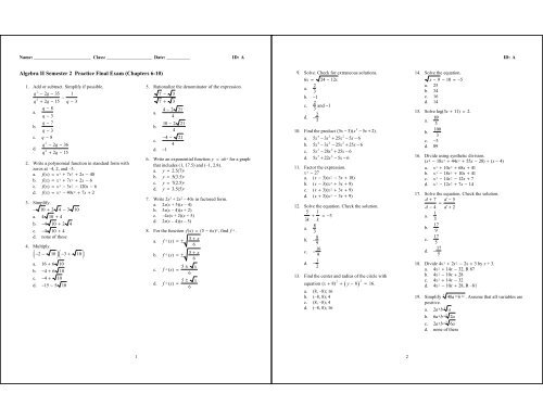 Algebra II Semester 2 Practice Final _9 Pages