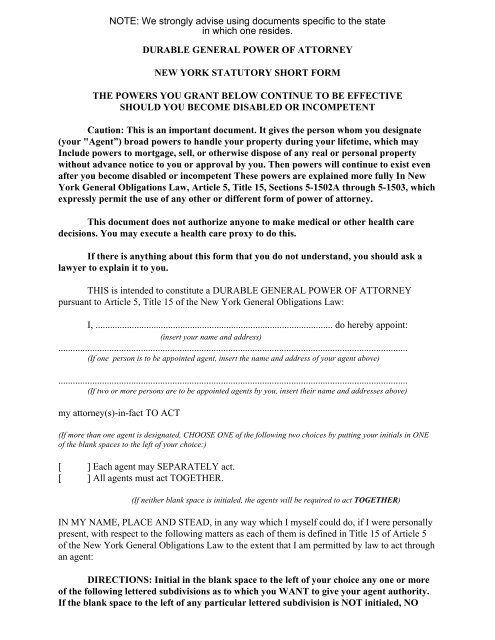 Durable General Power of Attorney - New York Statutory Short Form