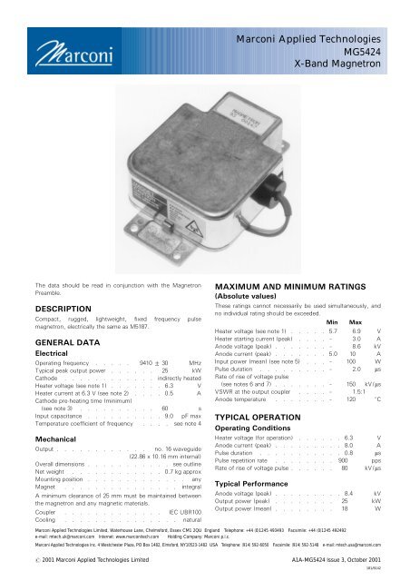 Marconi Applied Technologies MG5424 X-Band Magnetron