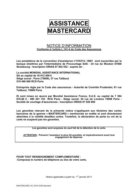 ASSISTANCE MASTERCARD - CIC