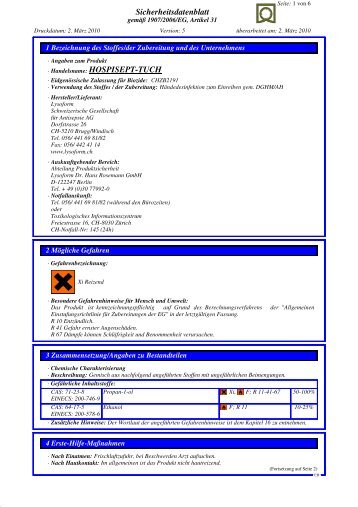 Sicherheitsdatenblatt Handelsname: HOSPISEPT-TUCH - Lysoform.ch