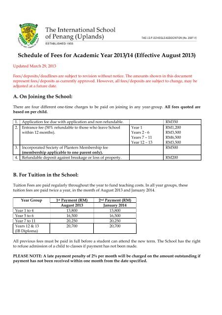 Schedule Of Fees For Academic Year 2013 14 Effective August 2013