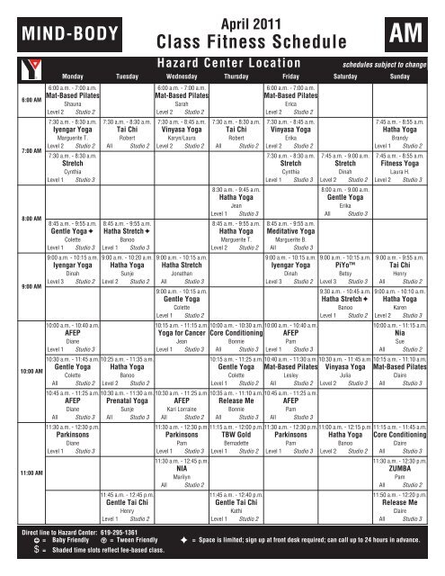 Class Fitness Schedule Mind Body