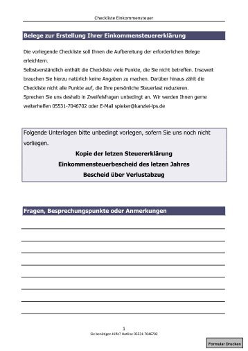 Checkliste Einkommensteuer