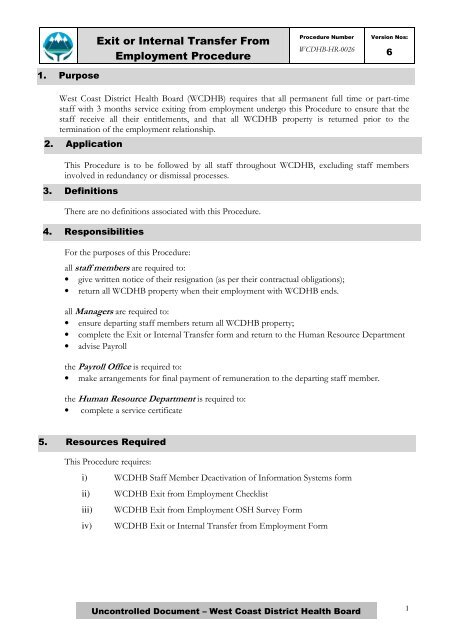 Exit or Internal Transfer From Employment Procedure - West Coast ...