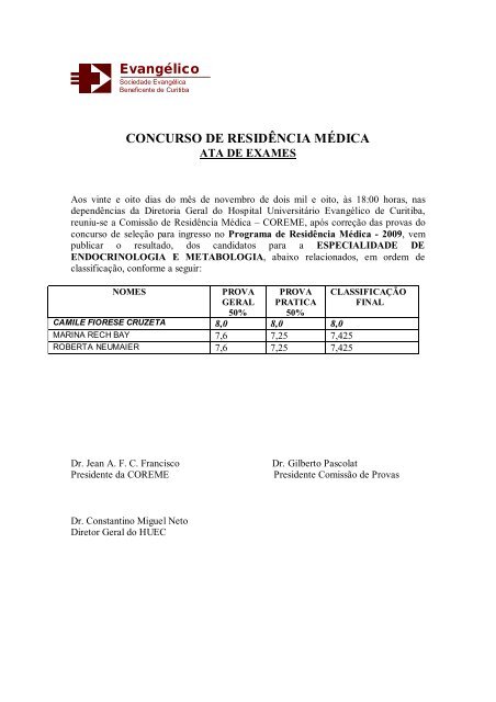 Evangélico CONCURSO DE RESIDÊNCIA MÉDICA