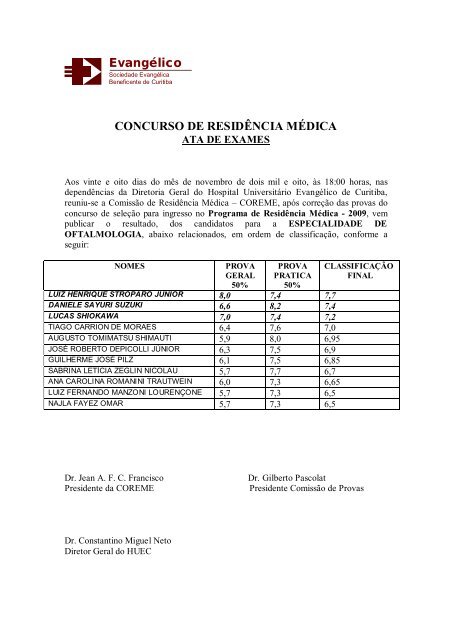 Evangélico CONCURSO DE RESIDÊNCIA MÉDICA