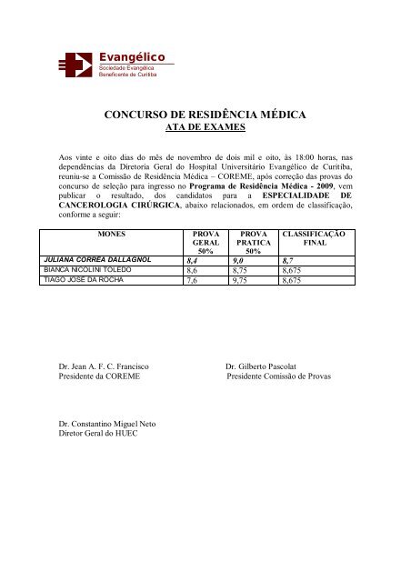 Evangélico CONCURSO DE RESIDÊNCIA MÉDICA