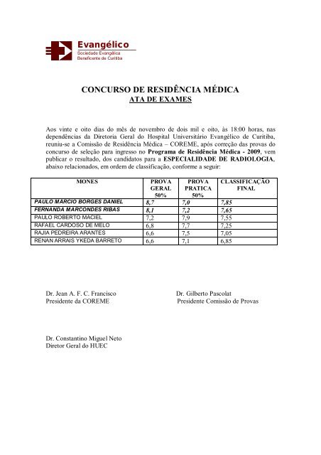 Evangélico CONCURSO DE RESIDÊNCIA MÉDICA