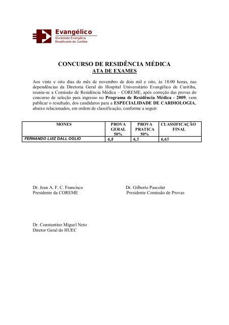 Evangélico CONCURSO DE RESIDÊNCIA MÉDICA