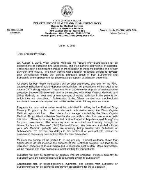Enrolled Physician Letter - DHHR - State of West Virginia