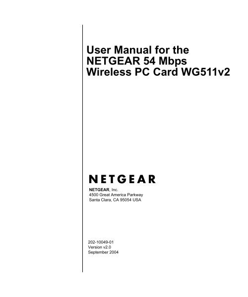 User Manual for the NETGEAR 54 Mbps Wireless PC Card WG511v2