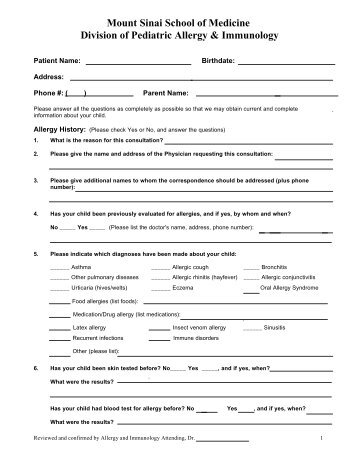 Jaffe Food Allergy Patient Questionnaire [PDF] - Mount Sinai ...