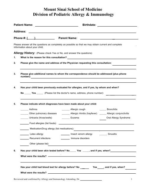 Jaffe Food Allergy Patient Questionnaire [PDF] - Mount Sinai ...