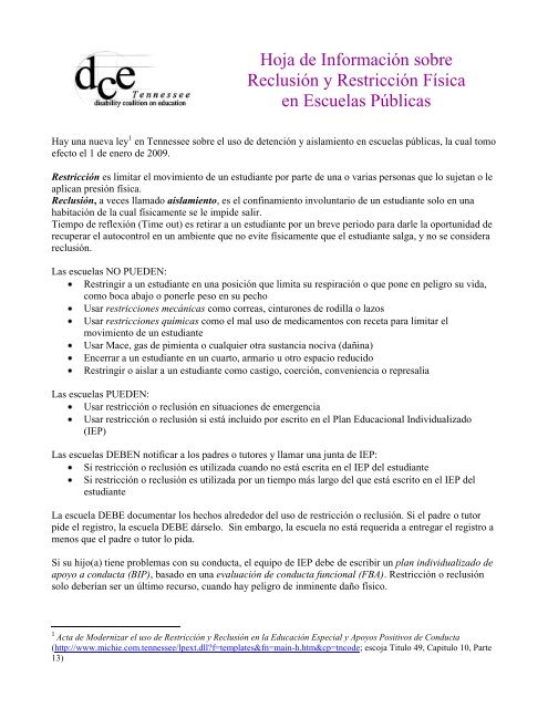 Hoja de Información sobre Reclusión y Restricción Física en ...