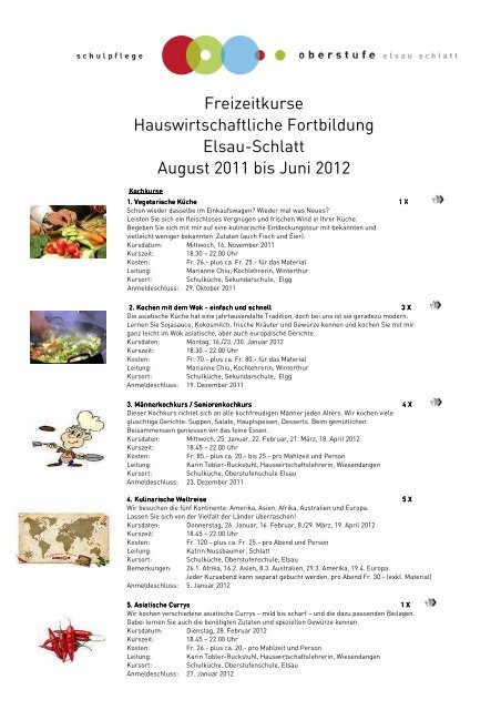 Freizeitkurse Hauswirtschaftliche Fortbildung Elsau-Schlatt August ...
