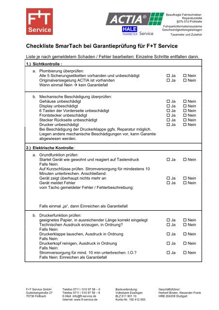 Checkliste SmarTach bei GarantieprÃƒÂ¼fung fÃƒÂ¼r F+T Service