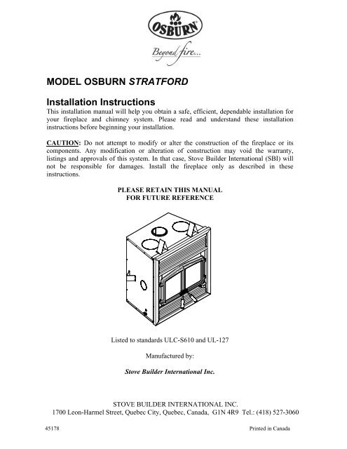 Owner's Manual Osburn Stratford Wood Fireplace - Rural Energy ...