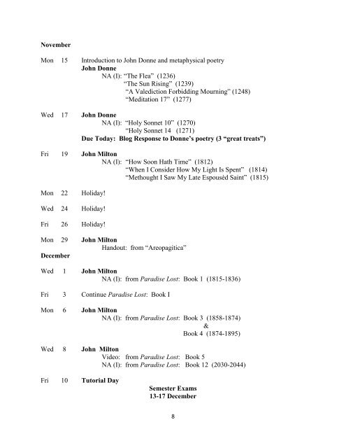 University English II / MUW EN 201 Course Syllabus First Semester ...