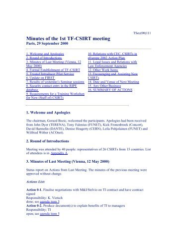 Minutes of the 1st TF-CSIRT meeting - Terena