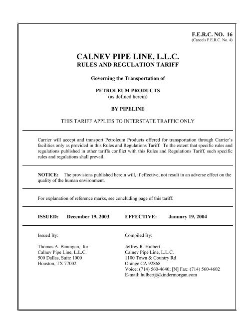 calnev pipe line, llc rules and regulation tariff - Kinder Morgan