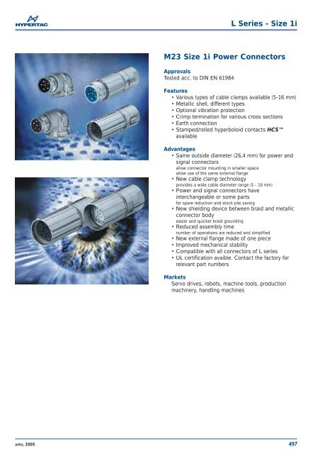 L Series - Size 1i M23 Size 1i Power Connectors - Hypertac