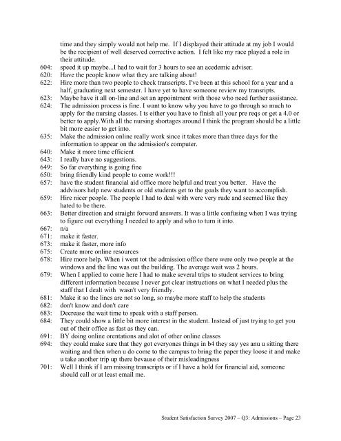 STUDENT SATISFACTION SURVEY 2007 RESPONSES TO OPEN ...