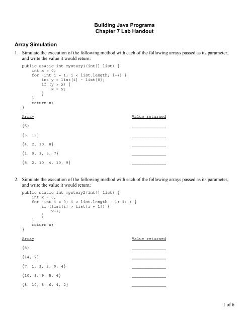 Building Java Programs Chapter 7 Lab Handout Array Simulation